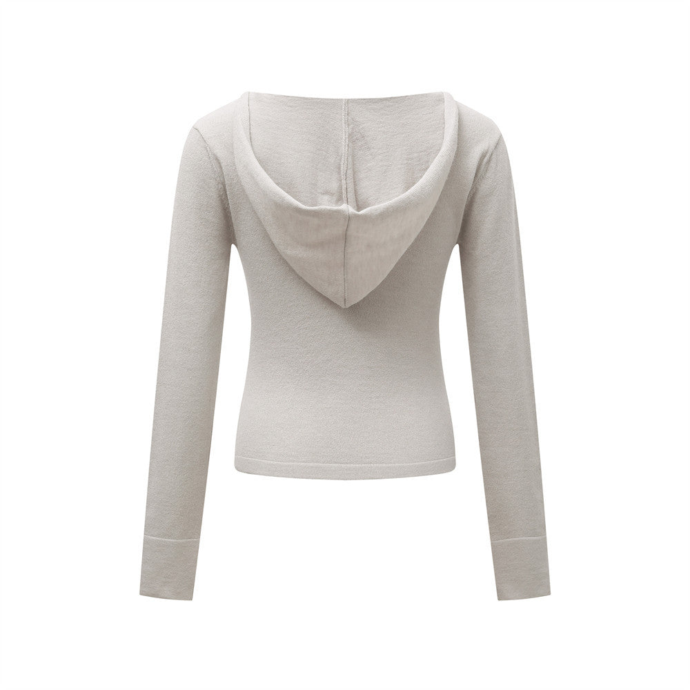 Double-Zipper Hooded Long Sleeve Short Knit Cardigan  Casual Solid Color Versatile Open Front Sweater