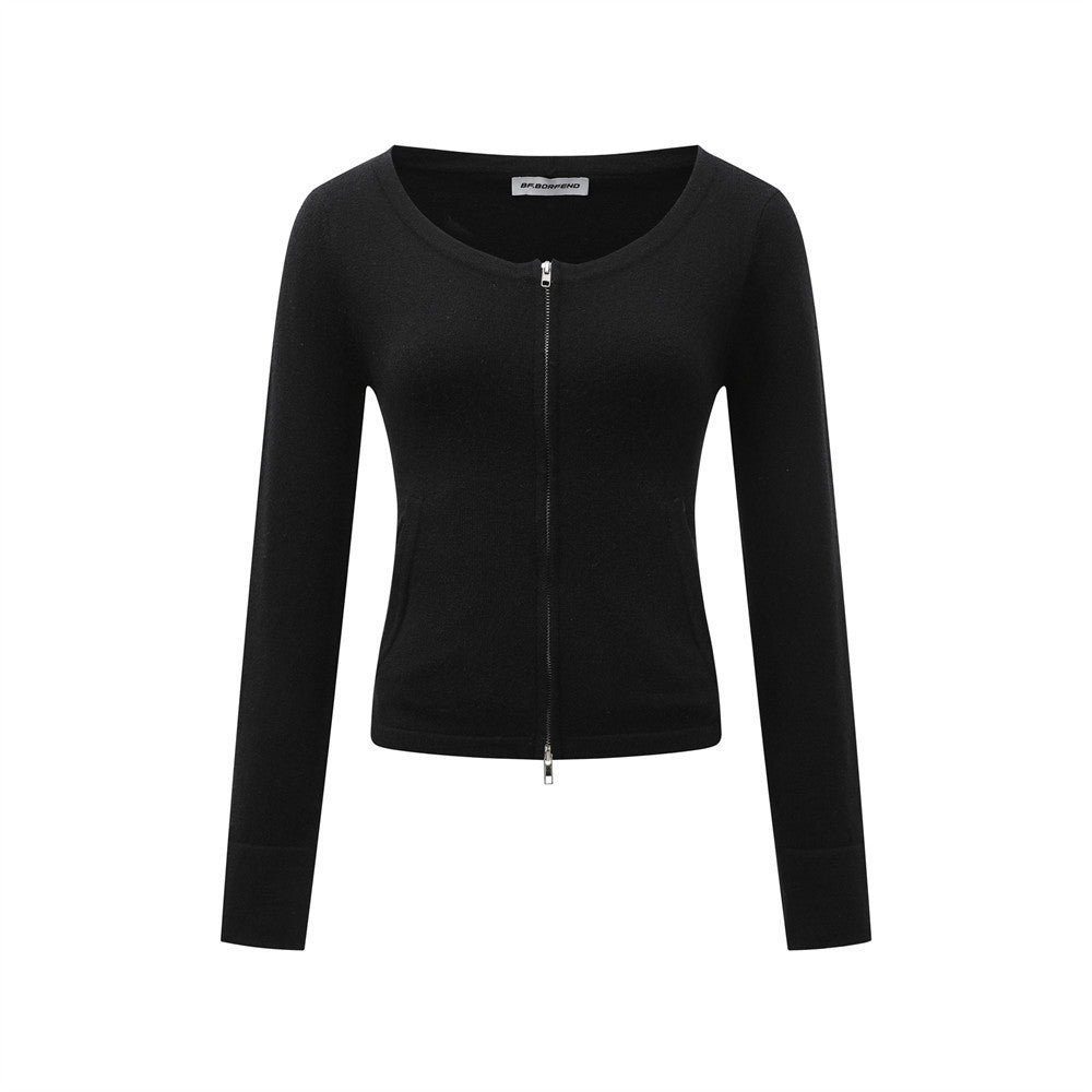 Double-Zipper Hooded Long Sleeve Short Knit Cardigan  Casual Solid Color Versatile Open Front Sweater