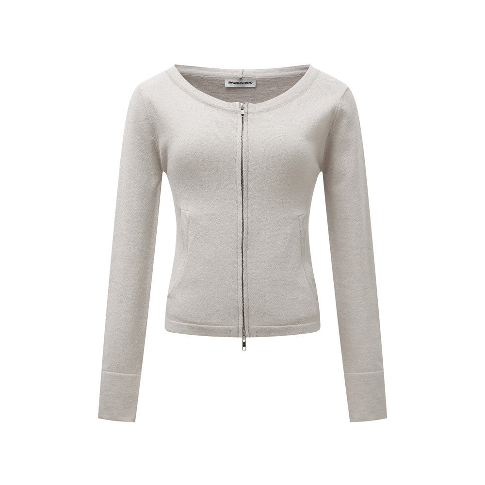 Double-Zipper Hooded Long Sleeve Short Knit Cardigan  Casual Solid Color Versatile Open Front Sweater