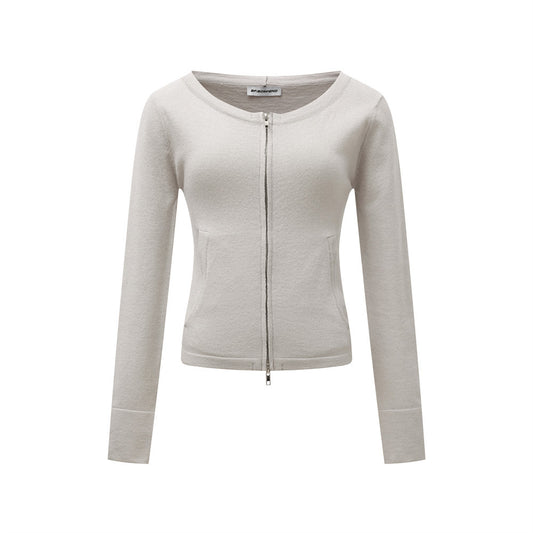 Double-Zipper Hooded Long Sleeve Short Knit Cardigan  Casual Solid Color Versatile Open Front Sweater