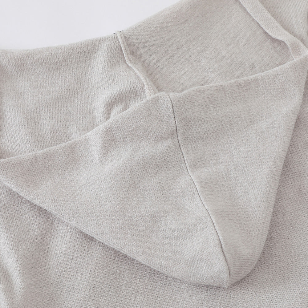 Double-Zipper Hooded Long Sleeve Short Knit Cardigan  Casual Solid Color Versatile Open Front Sweater