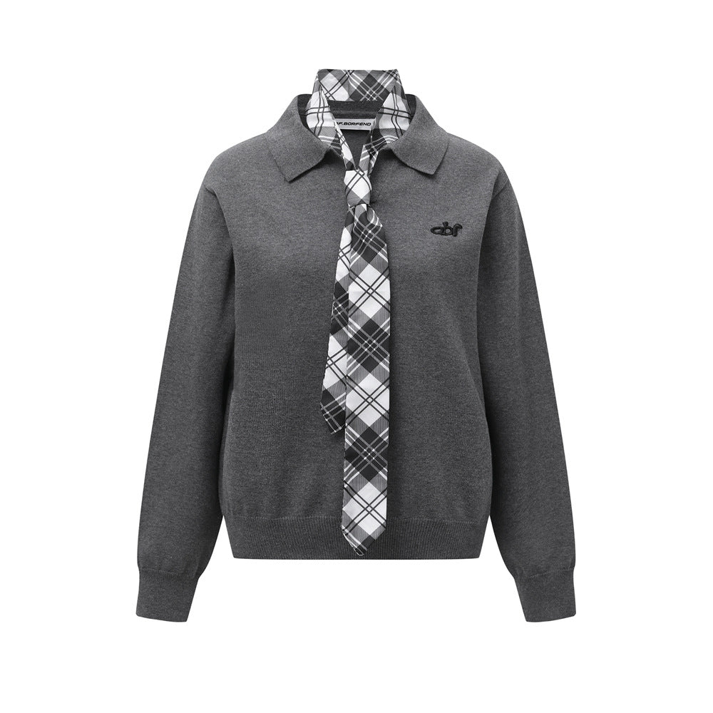 Knitted Sweater with Tie for Women Loose Casual Long Sleeve Collar Sweater