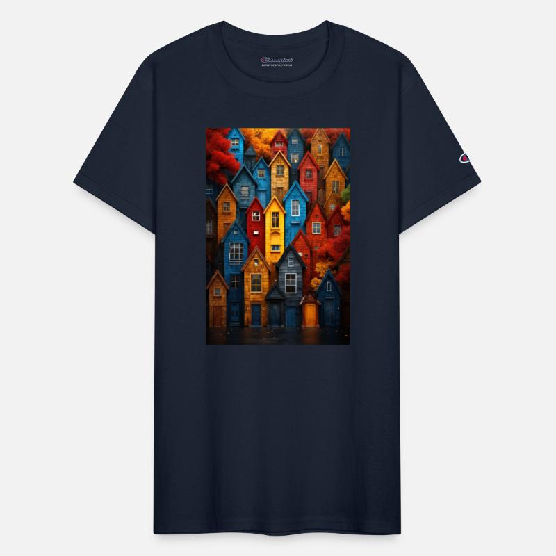 Autumn Village Scene: Colorful Houses & Trees