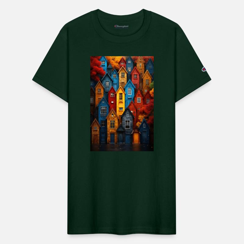 Autumn Village Scene: Colorful Houses & Trees