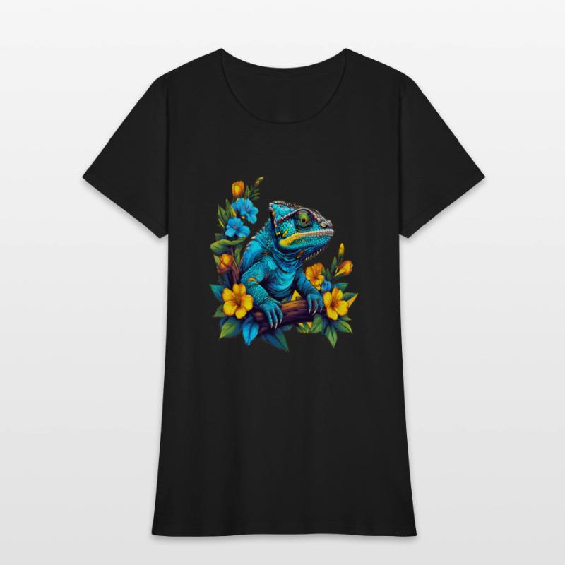 Chameleon Sitting on Branch Surrounded by Flowers