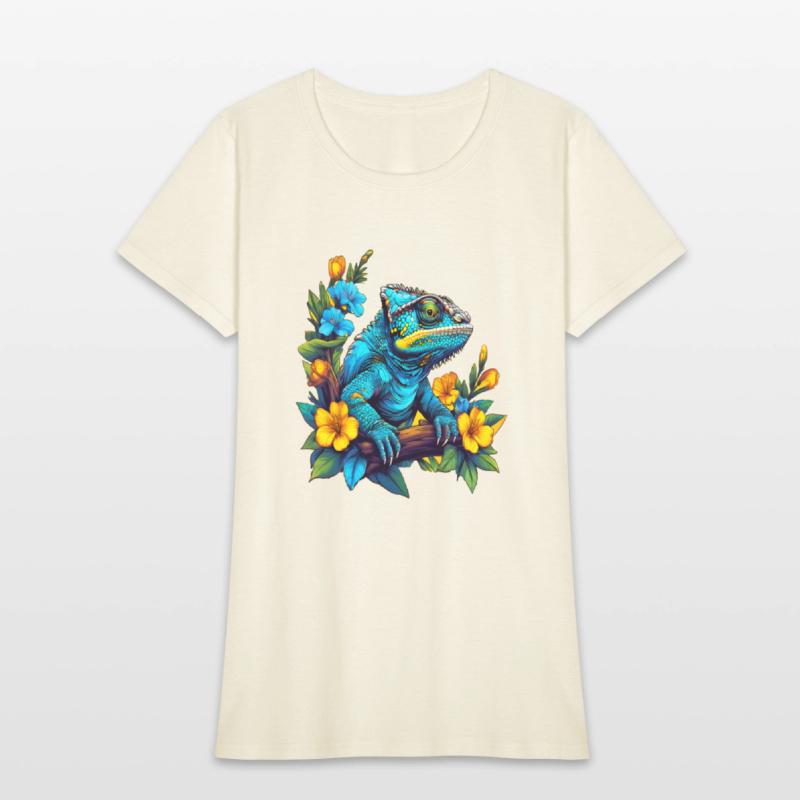 Chameleon Sitting on Branch Surrounded by Flowers