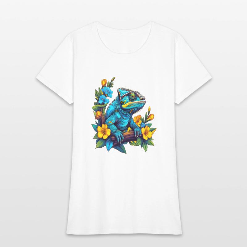 Chameleon Sitting on Branch Surrounded by Flowers