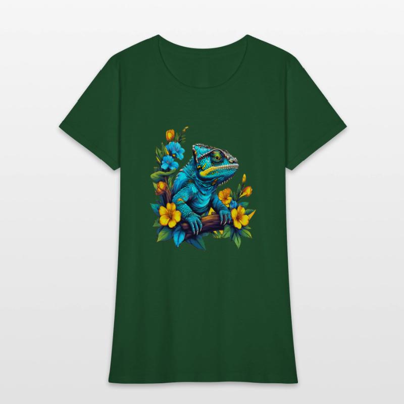 Chameleon Sitting on Branch Surrounded by Flowers