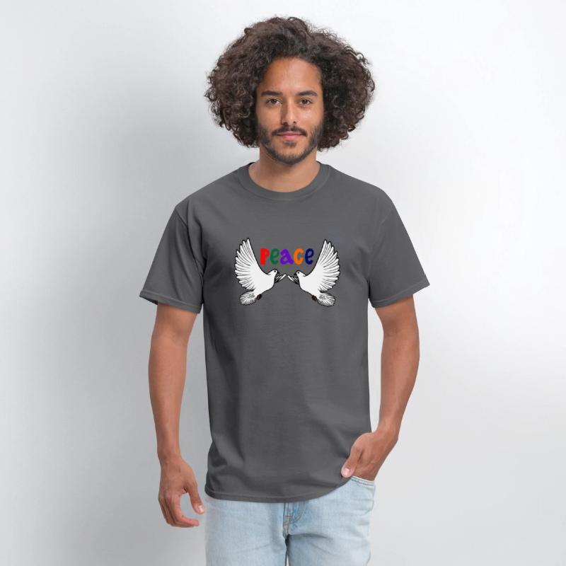 Two white peace doves with colored text in English