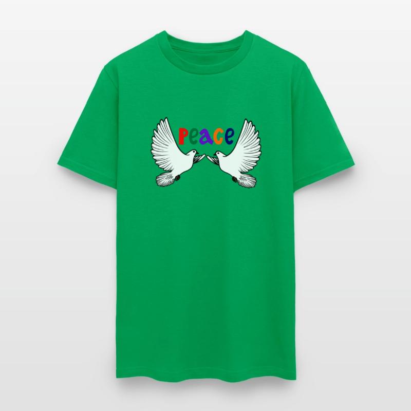 Two white peace doves with colored text in English