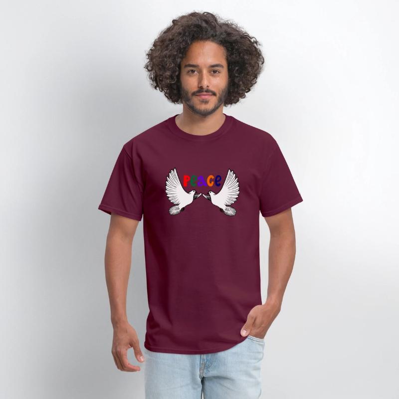 Two white peace doves with colored text in English